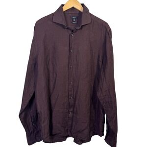 REISS Mens Shirt Chocolate Brown‎ 100% Linen Long Sleeve Button Up Regular Fit